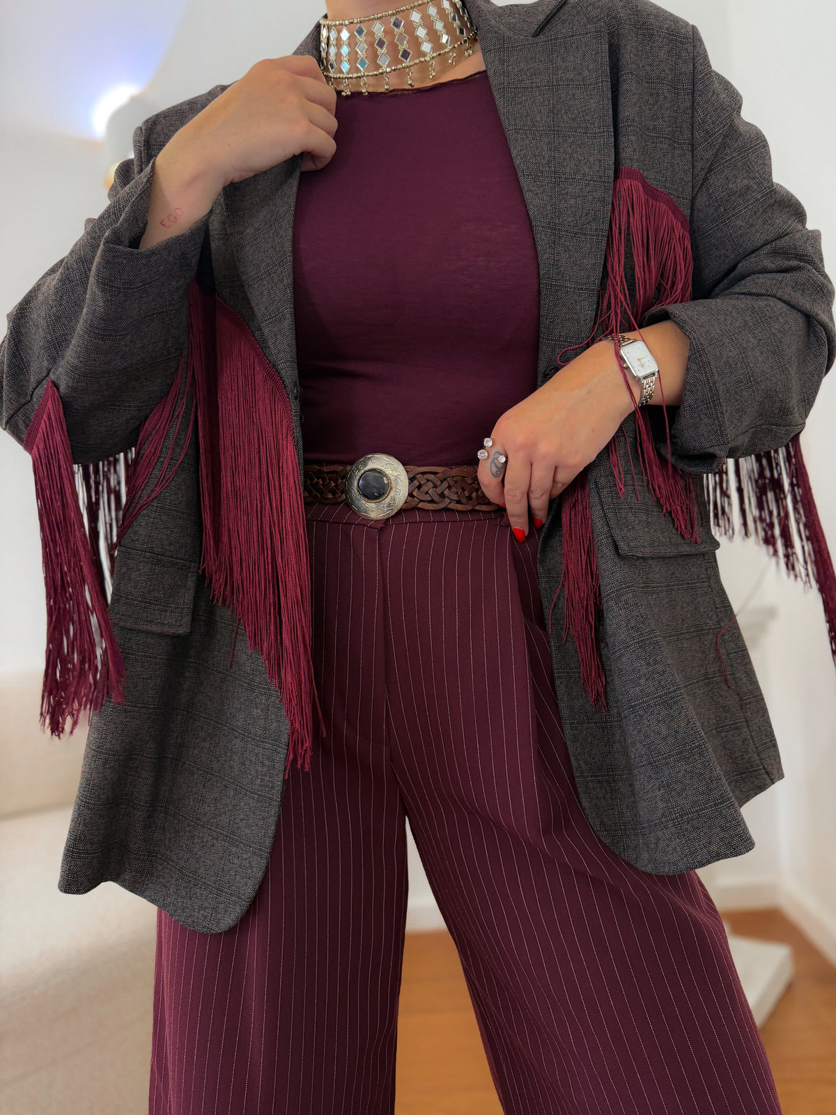 Blazer Príncipe de Gales com franjas bordeaux