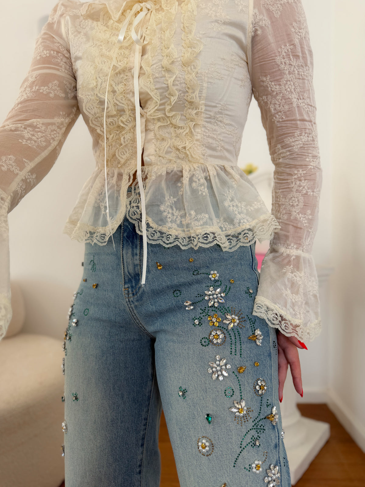 Balloon Fit jeans com pedraria