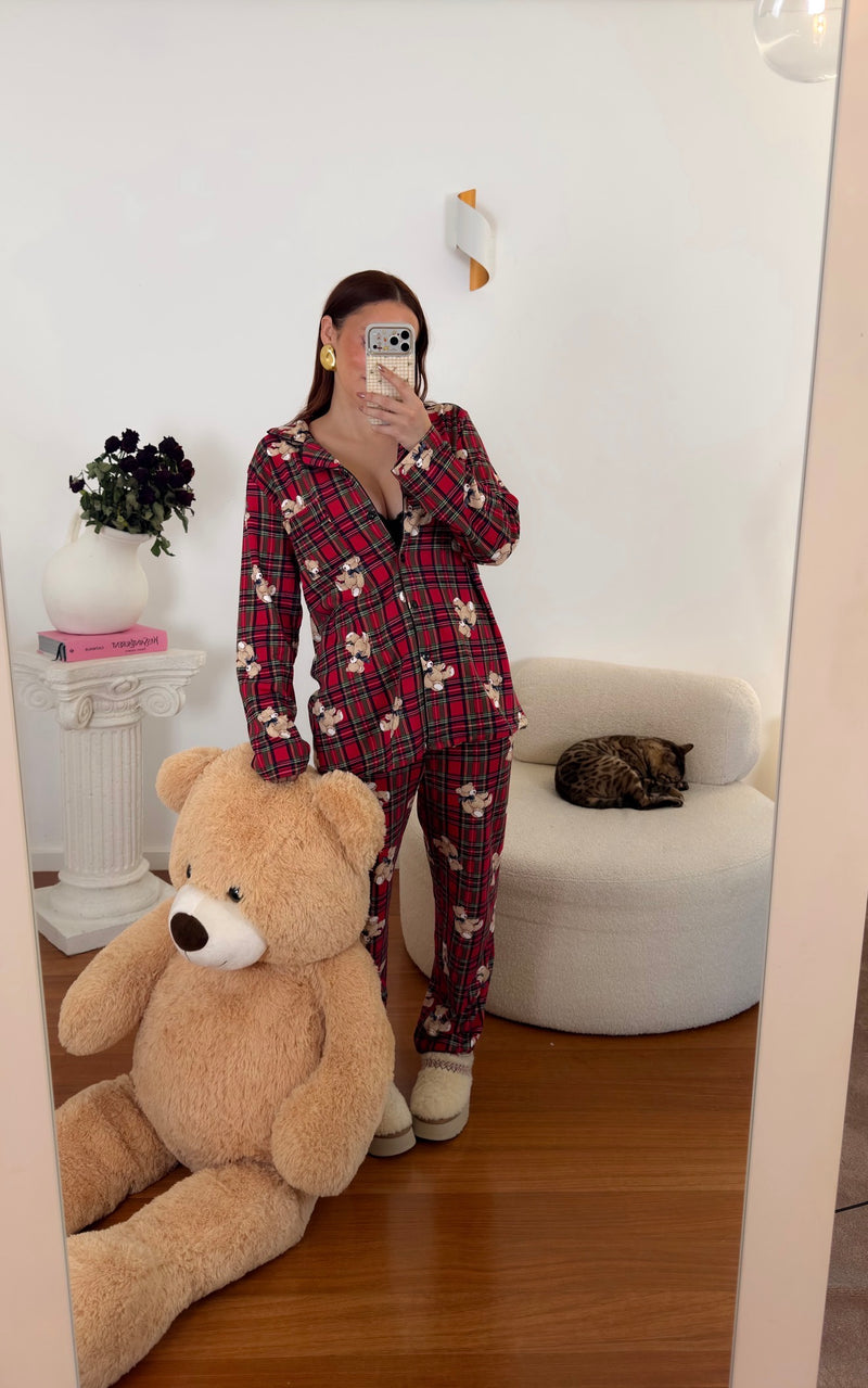 Pijama Unissexo Cardado com Ursinhos e Padrão Xadrez