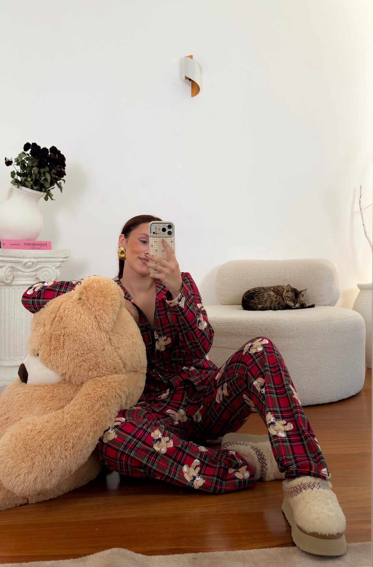 Pijama Unissexo Cardado com Ursinhos e Padrão Xadrez