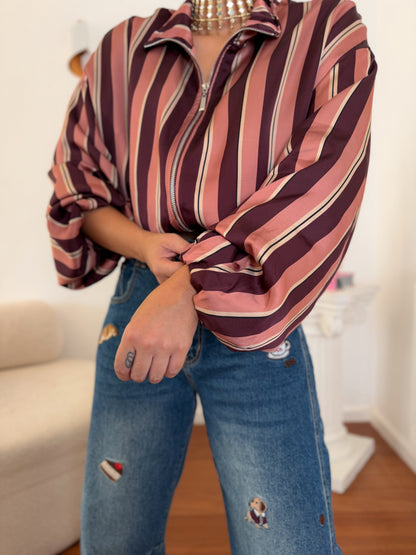 Bomber de Cetim às Riscas com Bainha Elástica