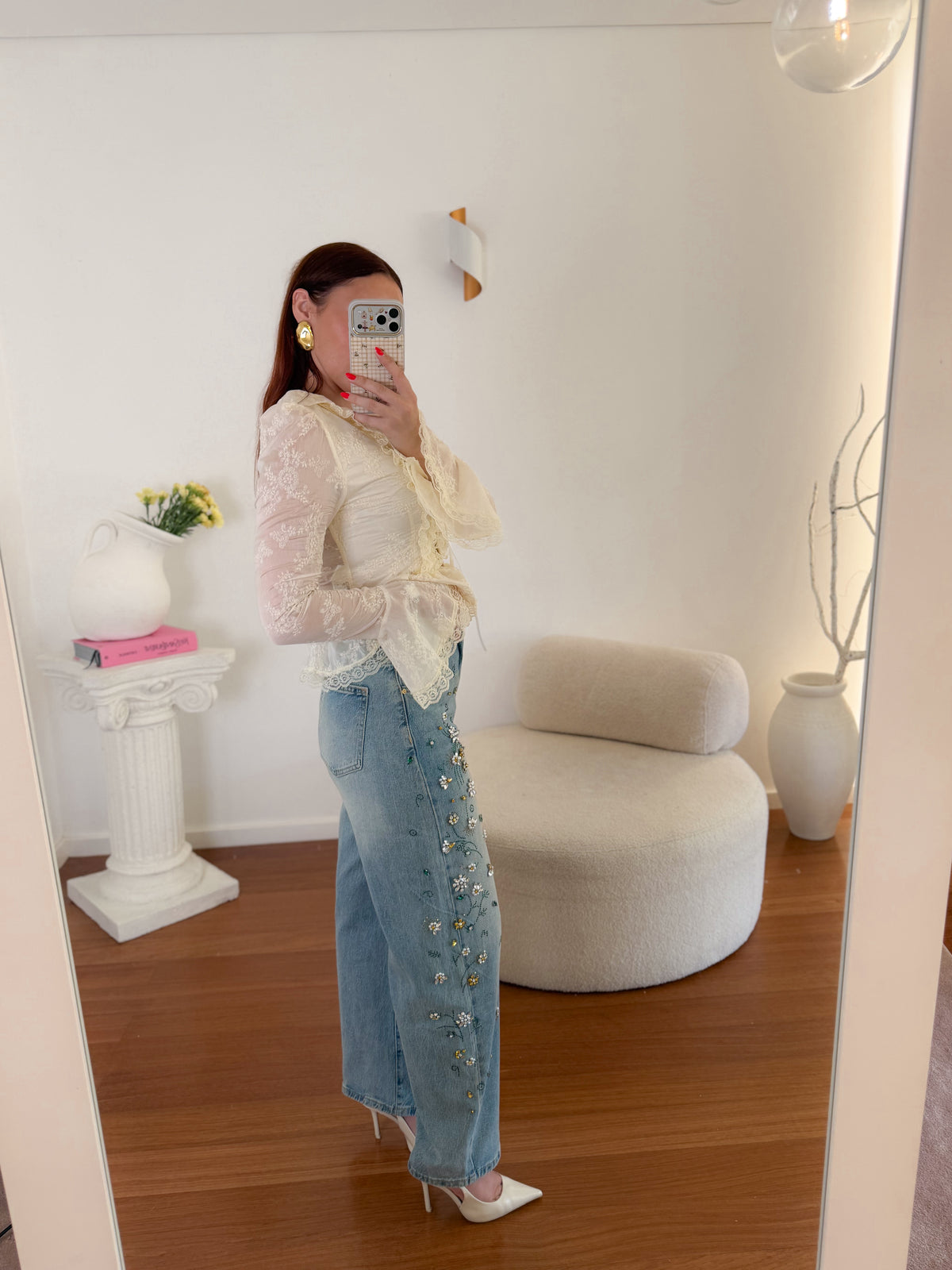 Balloon Fit jeans com pedraria