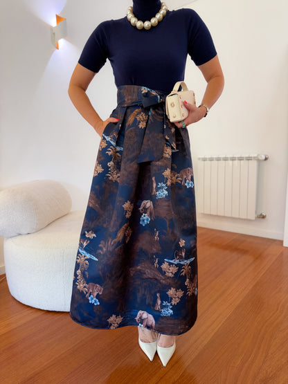 Saia Midi Safari Navy com Laço