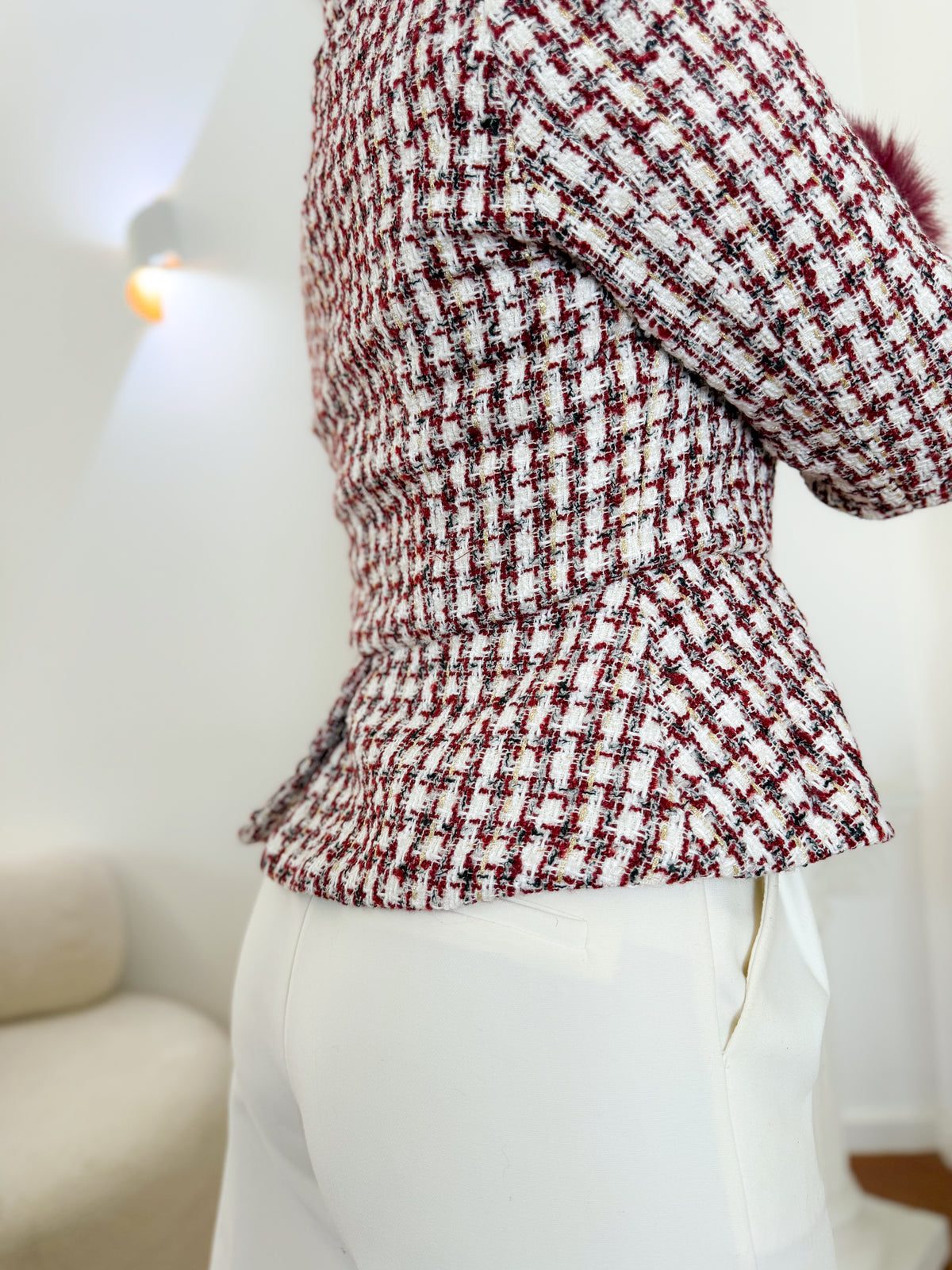 Tweed jacket with removable fur cuffs
