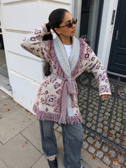 Cardigan con stampa bandana, frange e cintura