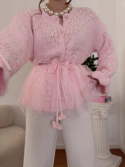 Casaco de Malha rosa com Pérolas e Tule