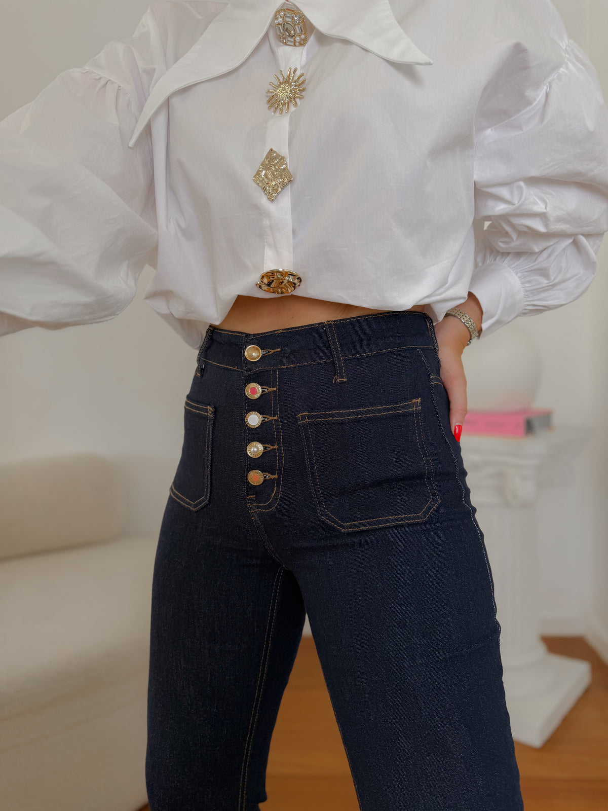 Jeans Sculpt de Cintura Subida com Cinta Compressora Incluída e Botões