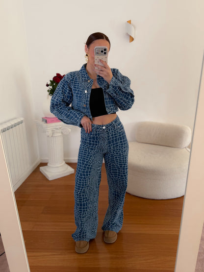 Calças de ganga wide leg com padrão de croco