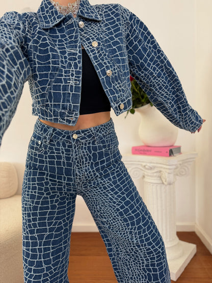 Calças de ganga wide leg com padrão de croco