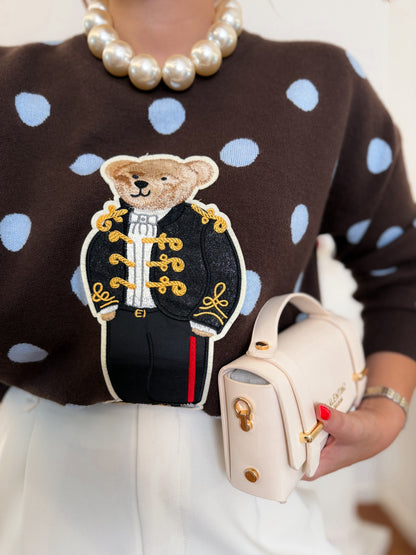 Camisola de malha às bolinhas com urso bordado