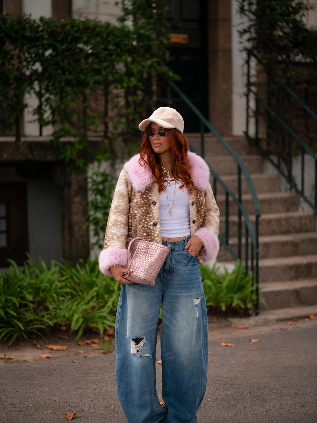 Cappotto con stampa Bambi, collo e polsini a contrasto
