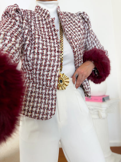 Tweed jacket with removable fur cuffs