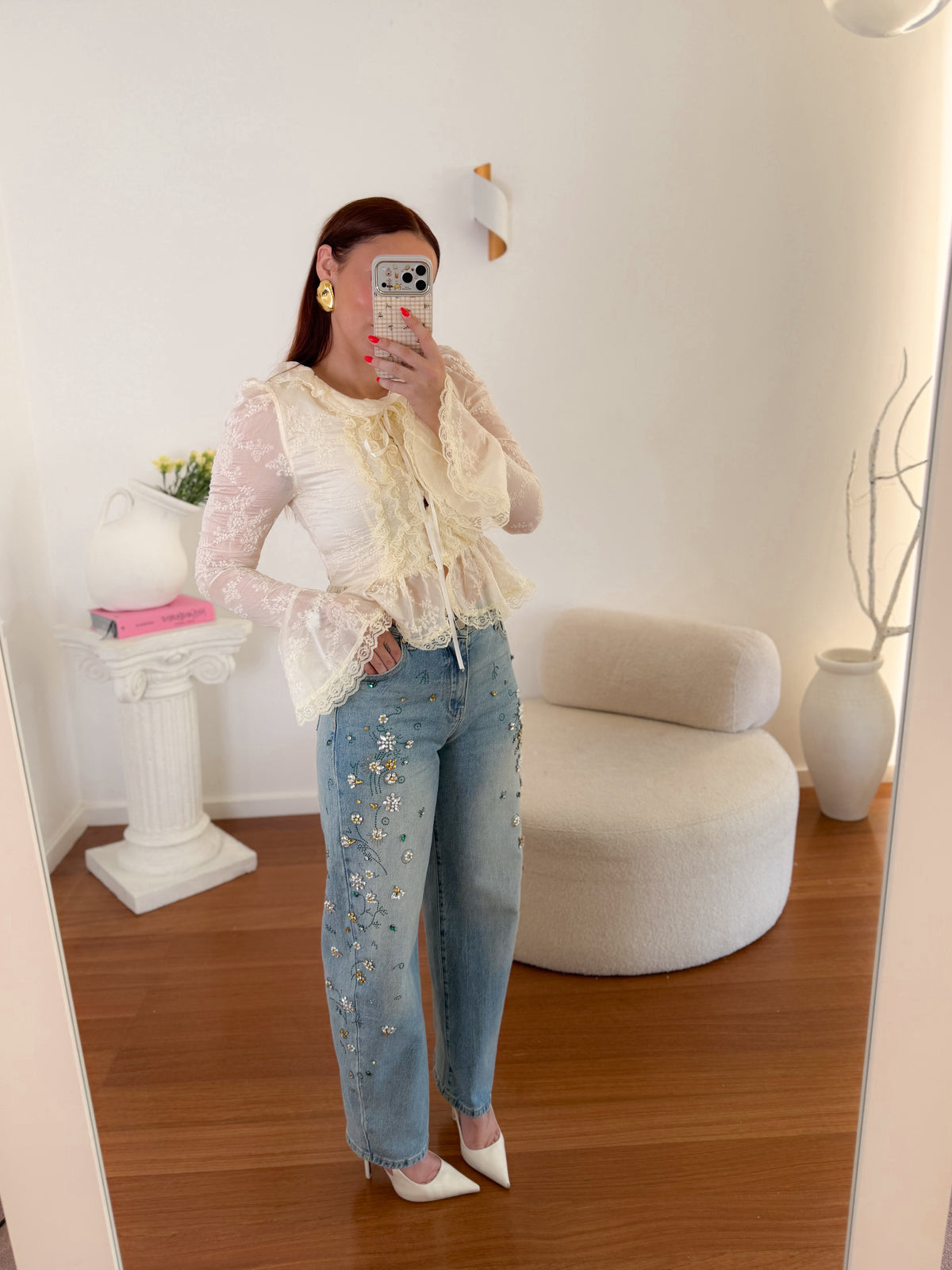 Balloon Fit jeans com pedraria
