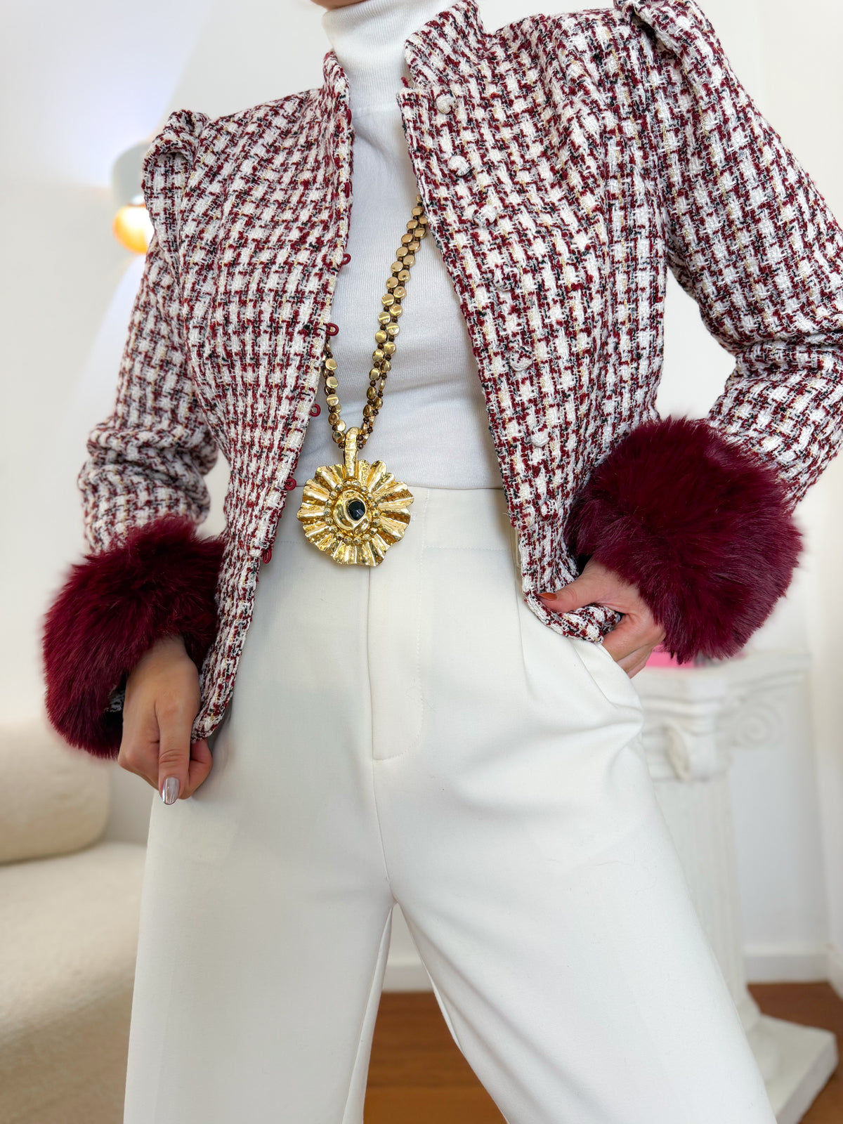 Tweed jacket with removable fur cuffs