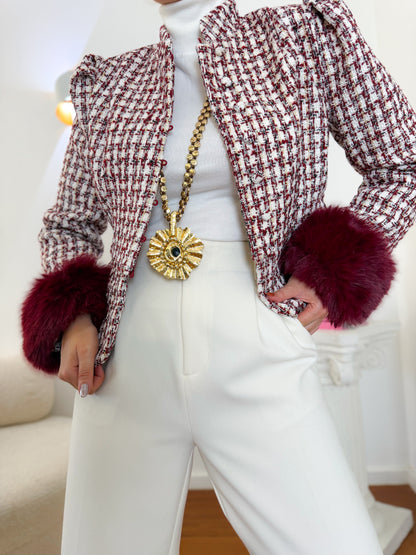 Tweed jacket with removable fur cuffs