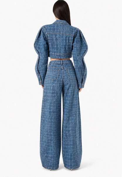 Calças de ganga wide leg com padrão de croco
