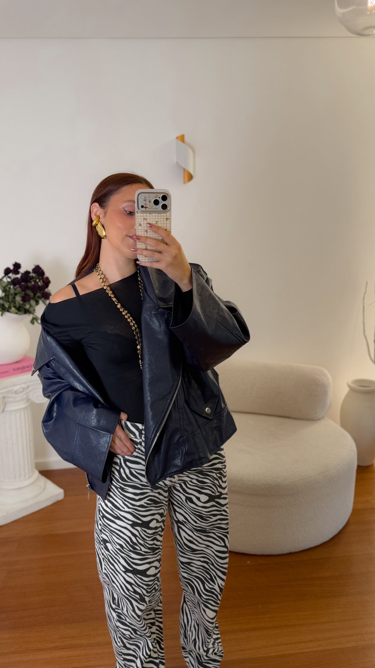 Casaco Biker Oversized Efeito Pele