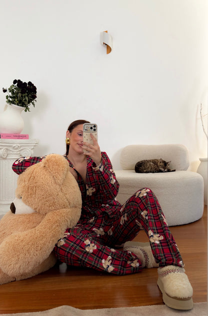 Pijama Unissexo Cardado com Ursinhos e Padrão Xadrez